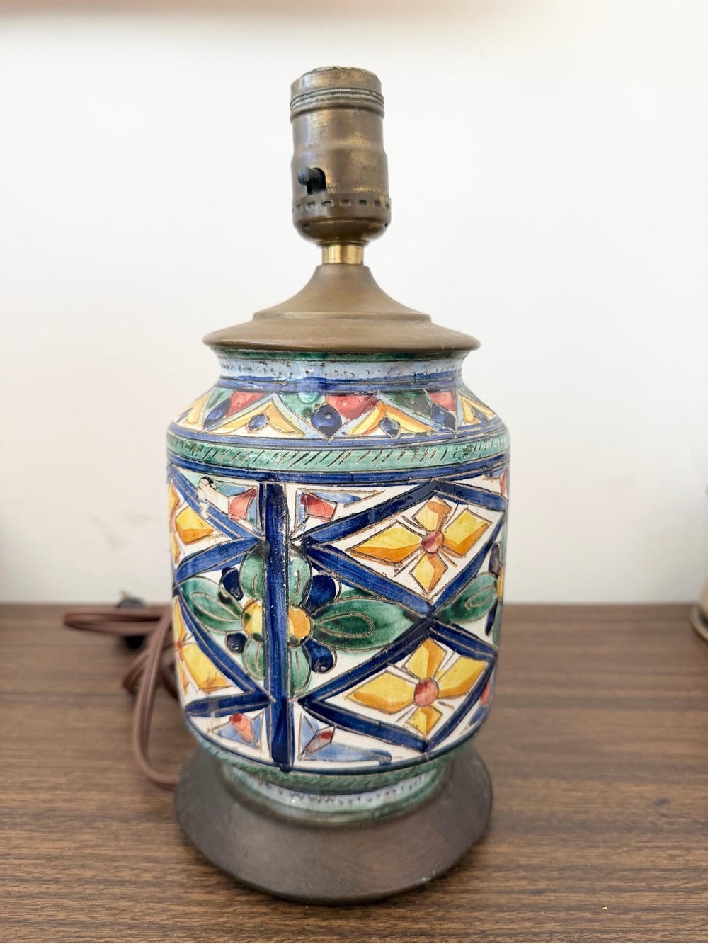 Vintage Majolica Hand Painted Italian Lamp WORKS Gorgeous Floral Geo Print Blue